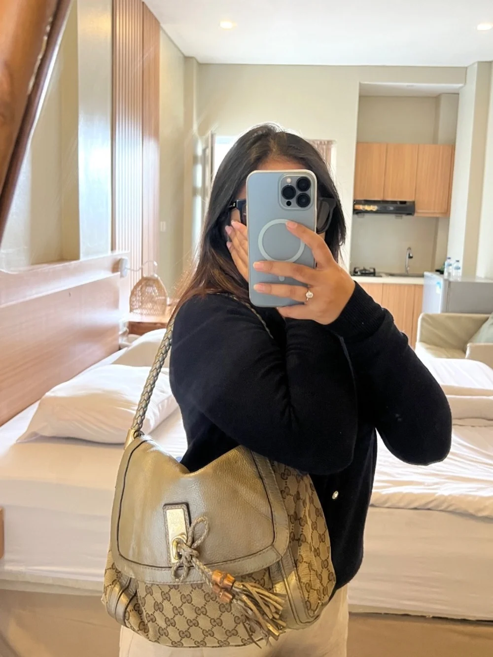 Authentic Gucci GG Bella Tassel bamboo shoulder bag